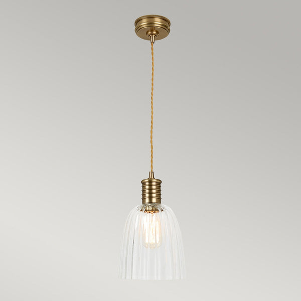 Douille Single Light Pendant in Aged Brass with Ribbed Glass Shade