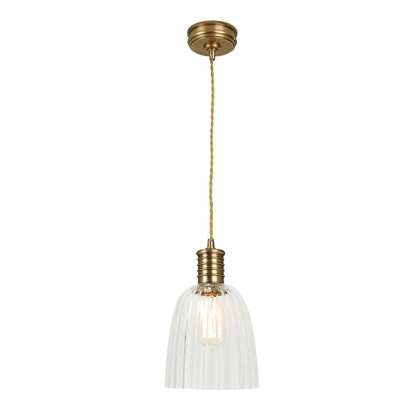 Douille Single Light Pendant in Aged Brass with Ribbed Glass Shade
