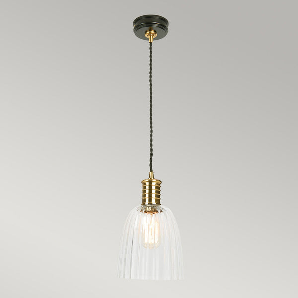 Douille Single Light Pendant in Black & Polished Brass with Ribbed Glass Shade