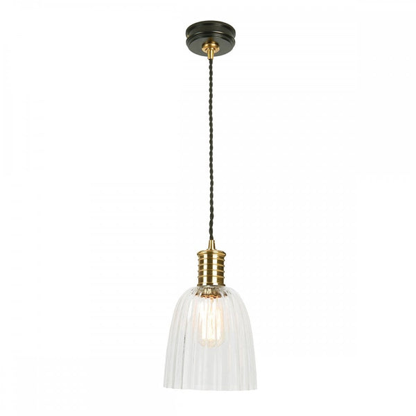 Douille Single Light Pendant in Black & Polished Brass with Ribbed Glass Shade