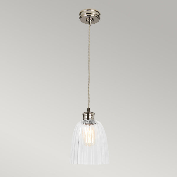 Douille Single Light Pendant in Polished Nickel with Ribbed Glass Shade
