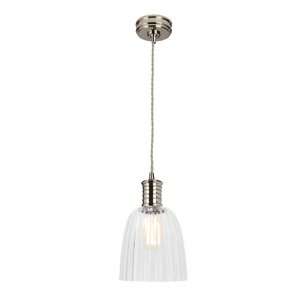 Douille Single Light Pendant in Polished Nickel with Ribbed Glass Shade