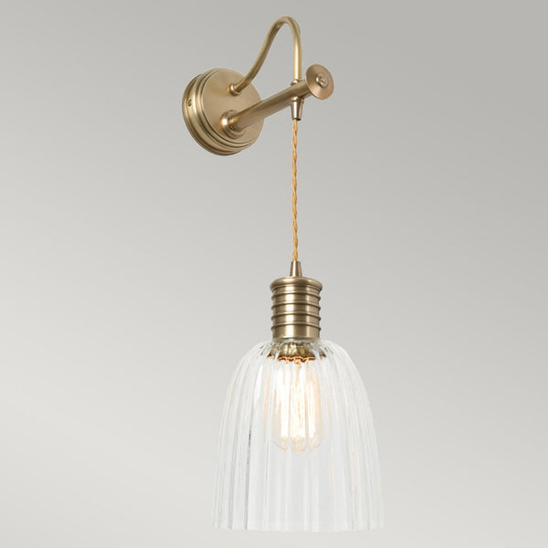 Douille Single Wall Light in Aged Brass with Ribbed Glass Shade