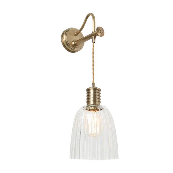 Douille Single Wall Light in Aged Brass with Ribbed Glass Shade