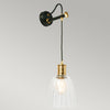 Douille Single Wall Light in Black & Polished Brass with Ribbed Glass Shade