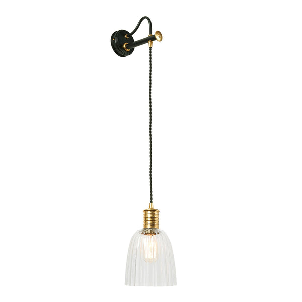 Douille Single Wall Light in Black & Polished Brass with Ribbed Glass Shade