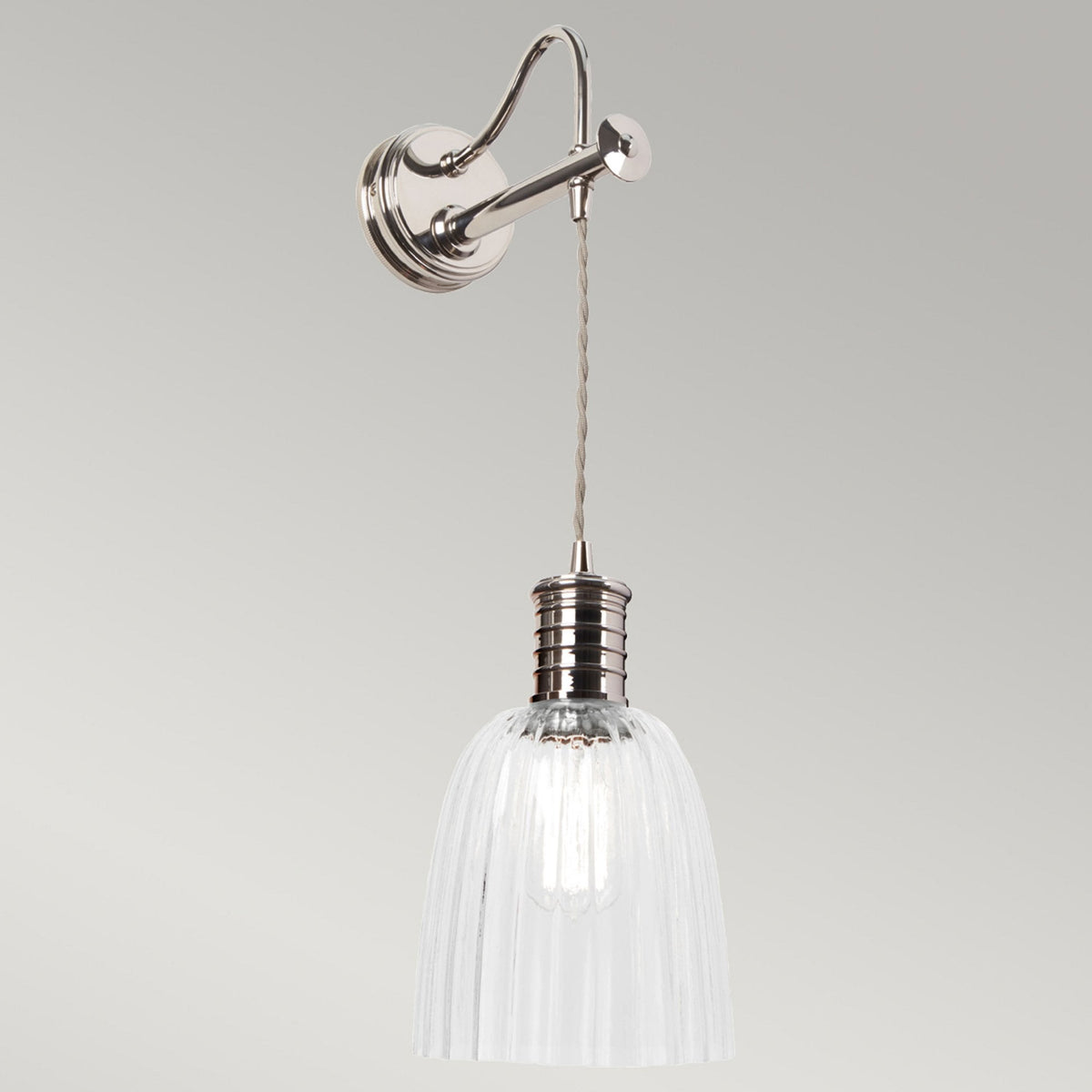 Douille Single Wall Light in Polished Nickel with Ribbed Glass Shade