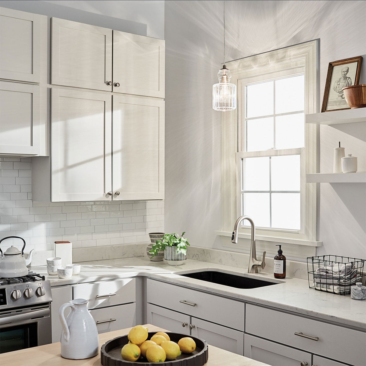 Riviera Style B Single Pendant in Brushed Nickel with Glass Shade