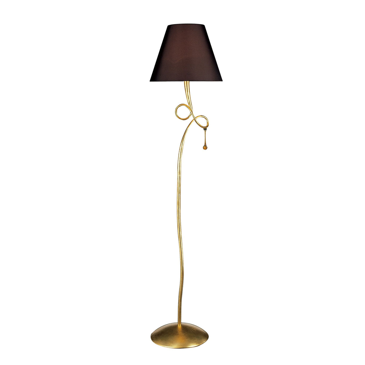 Paola Floor Lamp In Painted Gold & Amber With Black Fabric Shades