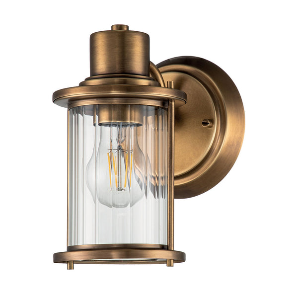 Riggs IP44 Single Wall Light in Weathered Brass with Clear Ribbed Glass