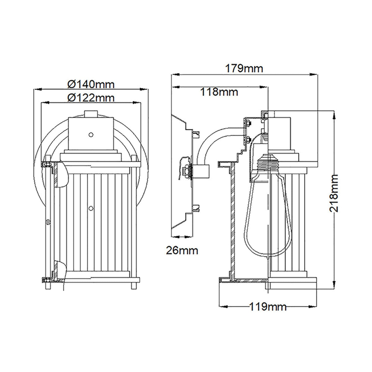 Detailed technical drawing of the bronze nautical wall light with precise dimensions. 