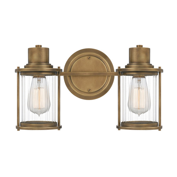 Riggs IP44 Twin Wall Light in Weathered Brass with Clear Ribbed Glass