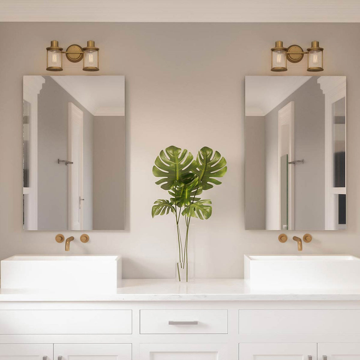 Riggs IP44 Twin Wall Light in Weathered Brass with Clear Ribbed Glass