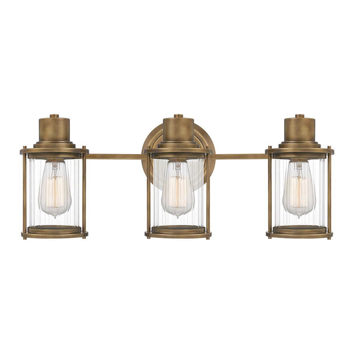 Riggs IP44 Triple Wall Light in Weathered Brass with Clear Ribbed Glass
