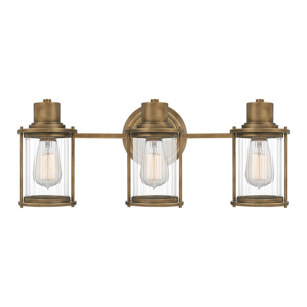 Riggs IP44 Triple Wall Light in Weathered Brass with Clear Ribbed Glass