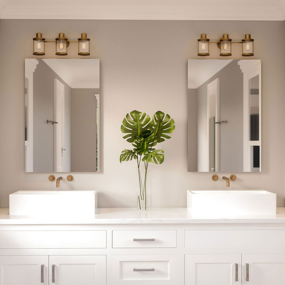 Riggs IP44 Triple Wall Light in Weathered Brass with Clear Ribbed Glass