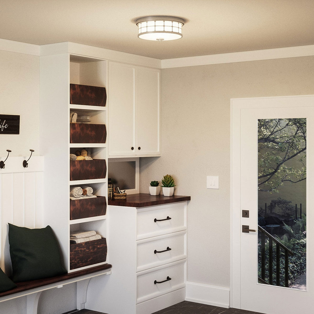 Guardian IP44 Ceiling Light in Brushed Nickel with Opal Glass Shade