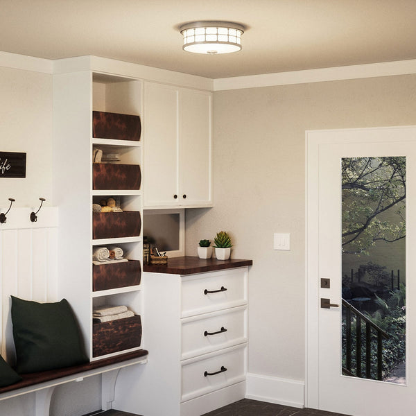 Guardian IP44 Ceiling Light in Brushed Nickel with Opal Glass Shade