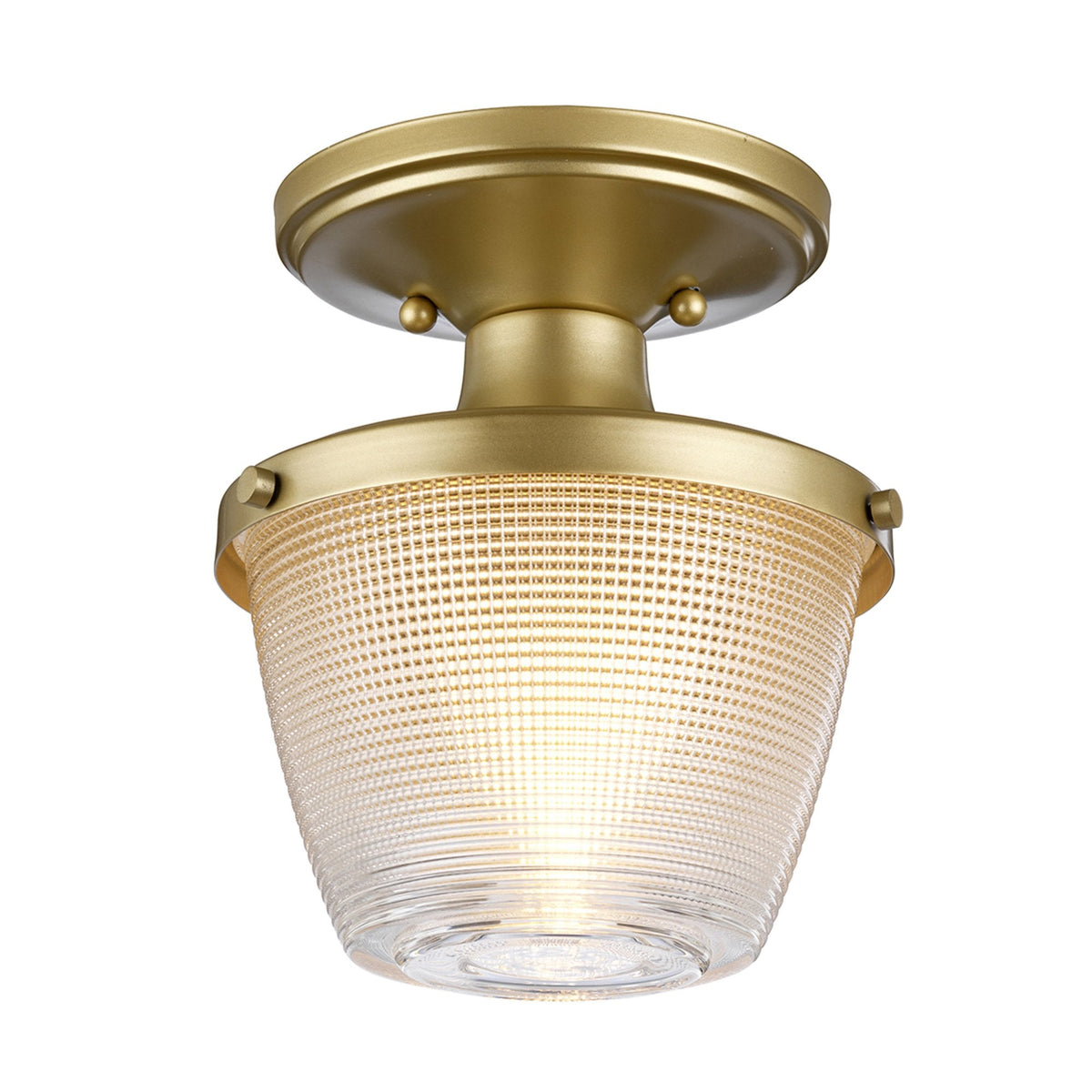 Dublin IP44 Semi Flush Ceiling Light in Painted Natural Brass with Pressed Glass Shade