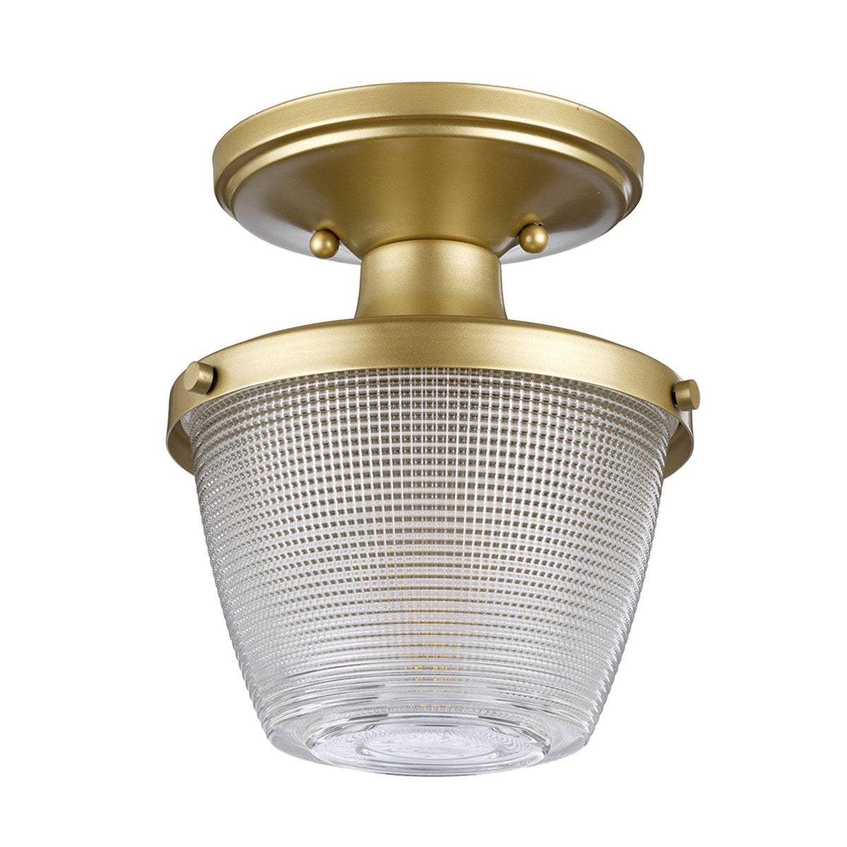 Dublin IP44 Semi Flush Ceiling Light in Painted Natural Brass with Pressed Glass Shade