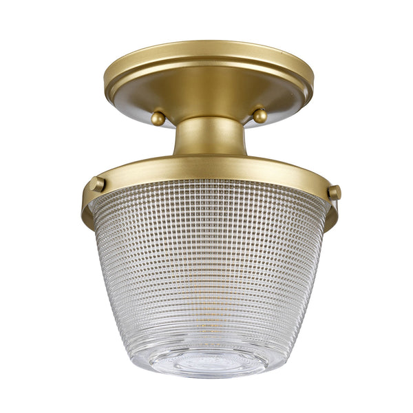 Dublin IP44 Semi Flush Ceiling Light in Painted Natural Brass with Pressed Glass Shade