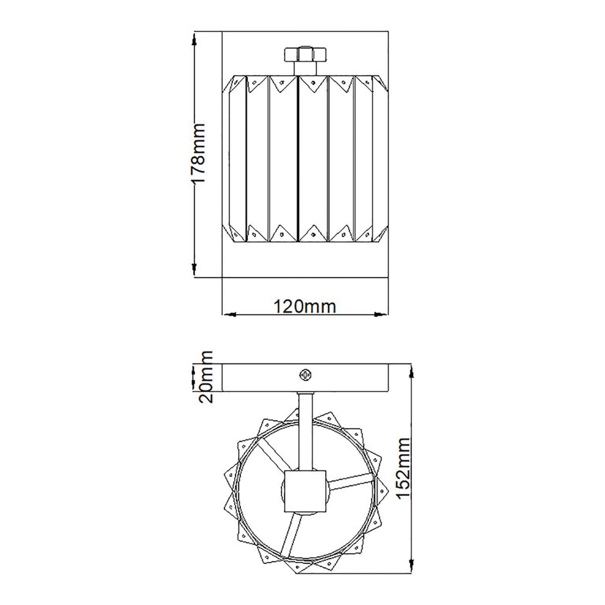 Technical drawing showing the dimensions of the crystal wall light in millimetres.