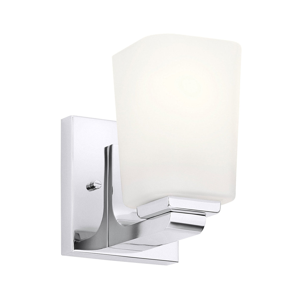 A modern chrome wall light with a frosted glass shade pointing upwards.