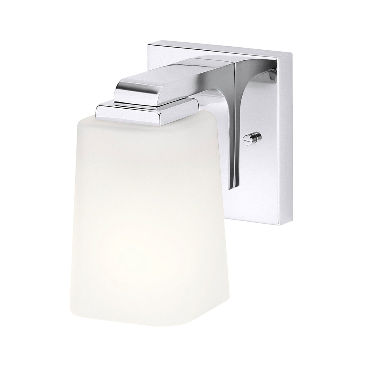 A modern chrome wall light with a frosted glass shade pointing downwards.