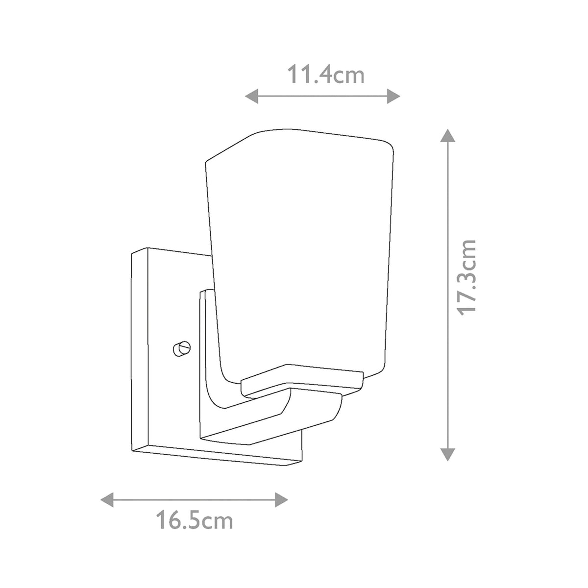 A line drawing of a wall light with dimensions: 11.4cm width, 17.3cm height, 16.5cm depth.