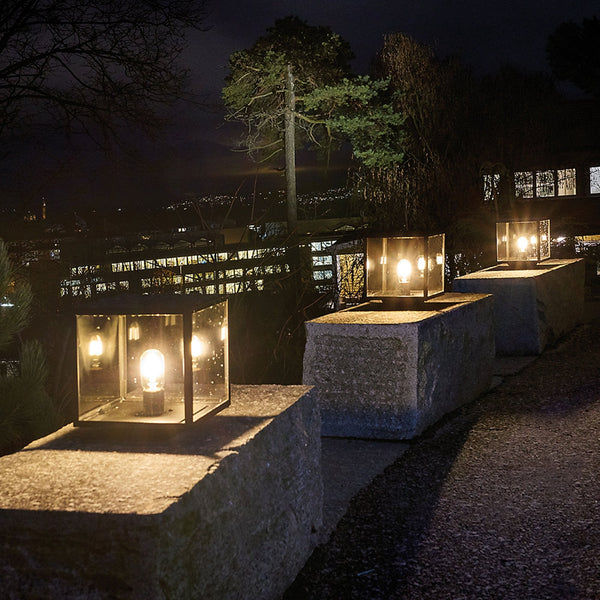 Lofoten Coastal Box Pedestal Lantern in Black with Clear Glass Panels
