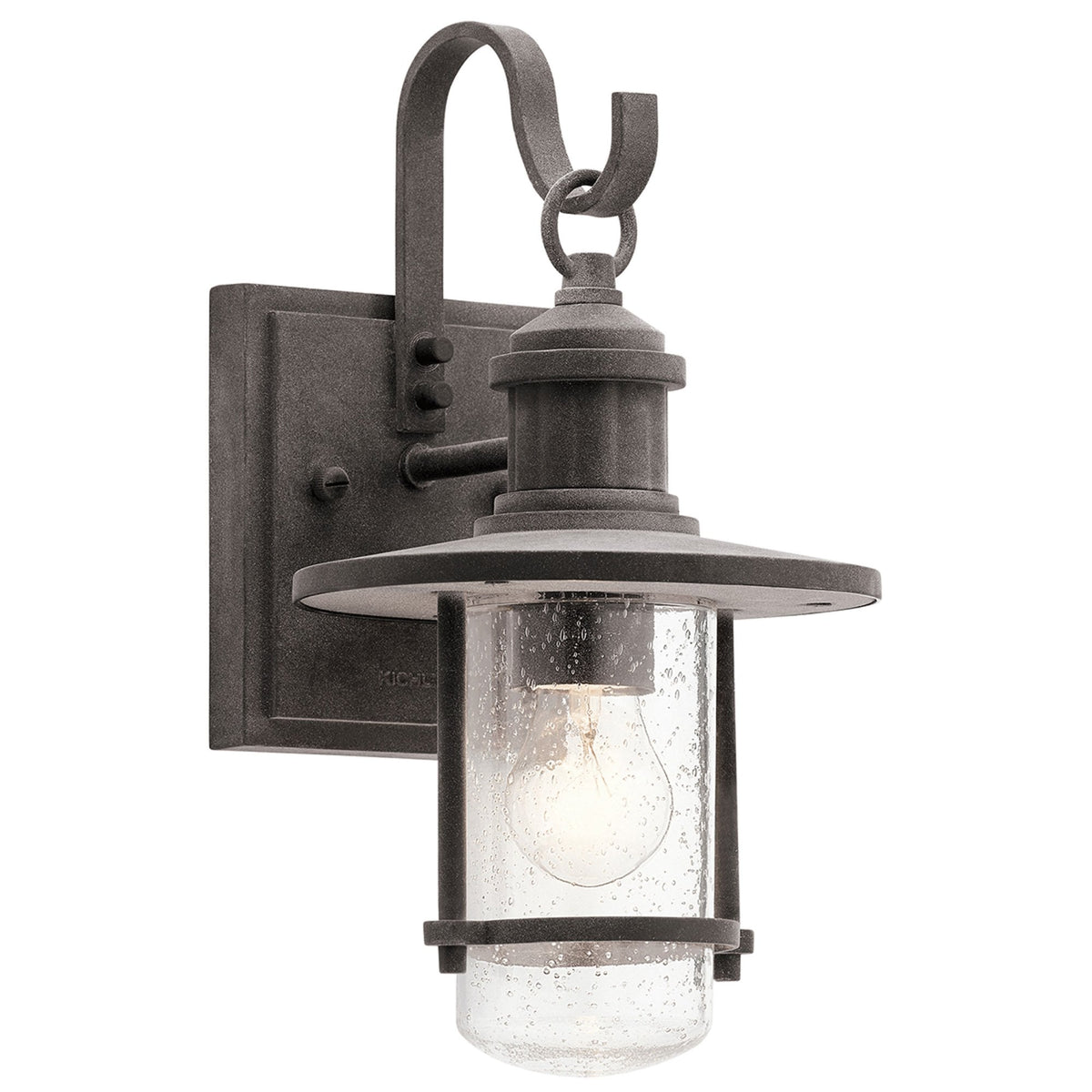 Riverwood IP44 Small Exterior Wall Light in Weathered Zinc with Seeded Glass