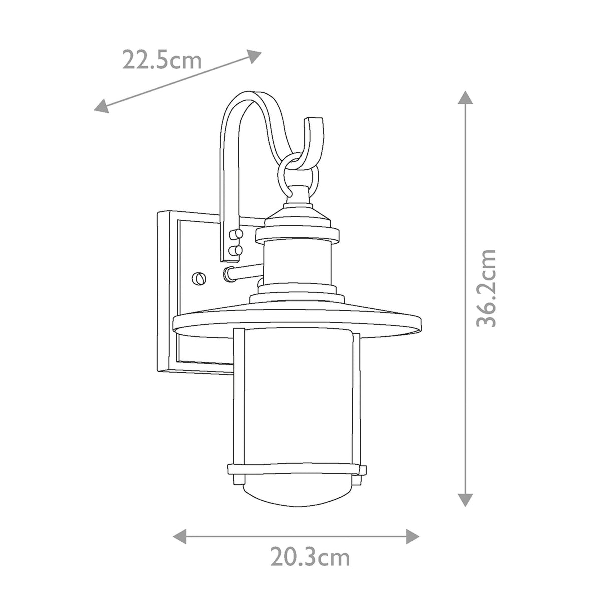 A line drawing of the outdoor wall light with its dimensions: 36.2cm H x 22.5cm W x 20.3cm D.