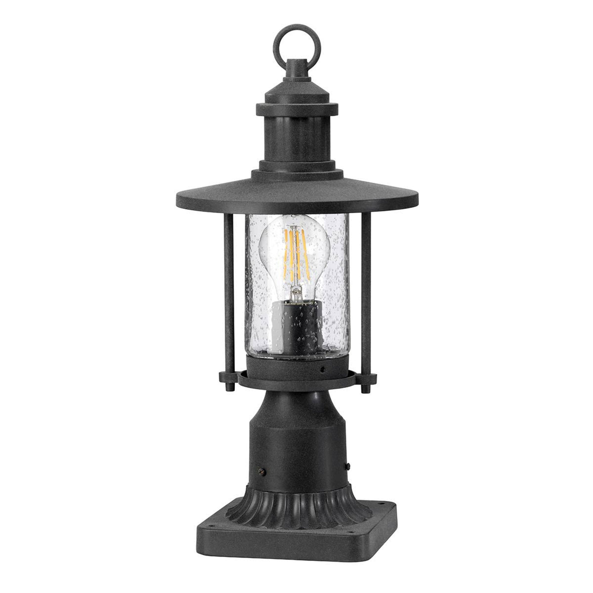 Riverwood IP44 Medium Exterior Pedestal Light in Weathered Zinc with Seeded Glass