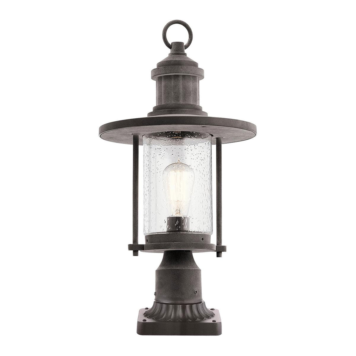 Riverwood IP44 Medium Exterior Pedestal Light in Weathered Zinc with Seeded Glass