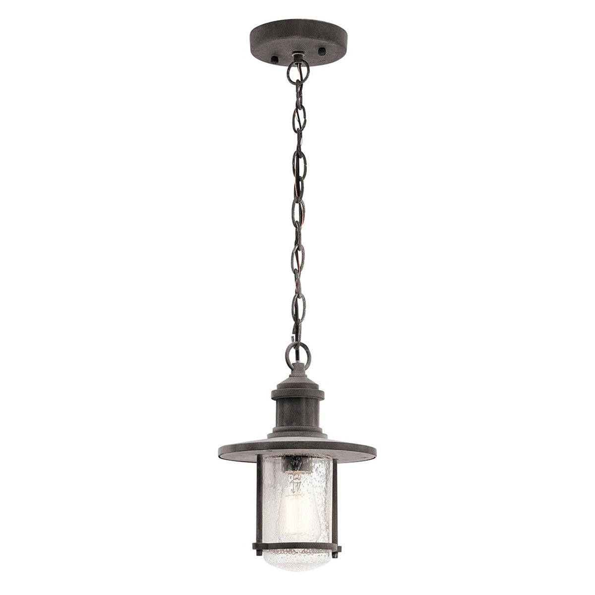 Riverwood IP44 Medium Exterior Pendant in Weathered Zinc with Seeded Glass