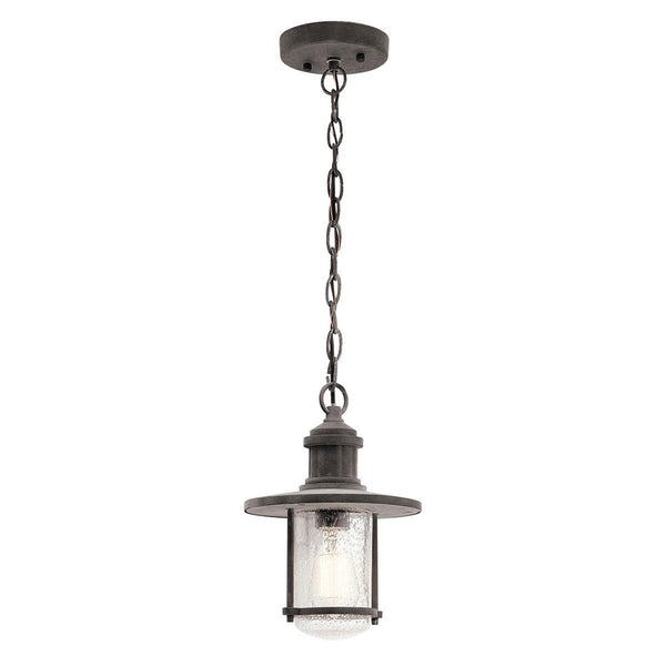 Riverwood IP44 Medium Exterior Pendant in Weathered Zinc with Seeded Glass