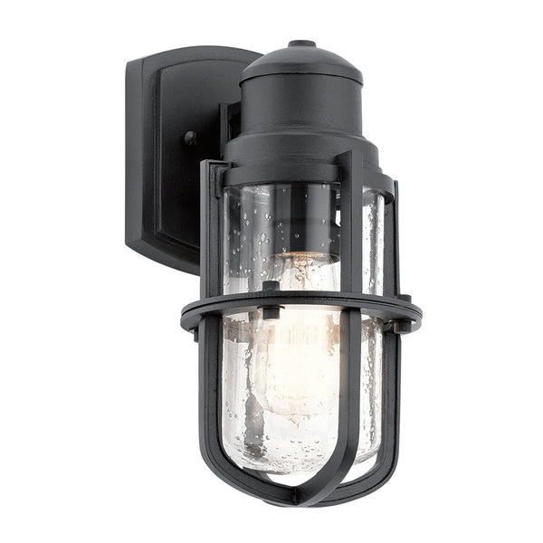 Suri IP44 Small Coastal Wall Light in Textured Black with Seeded Glass