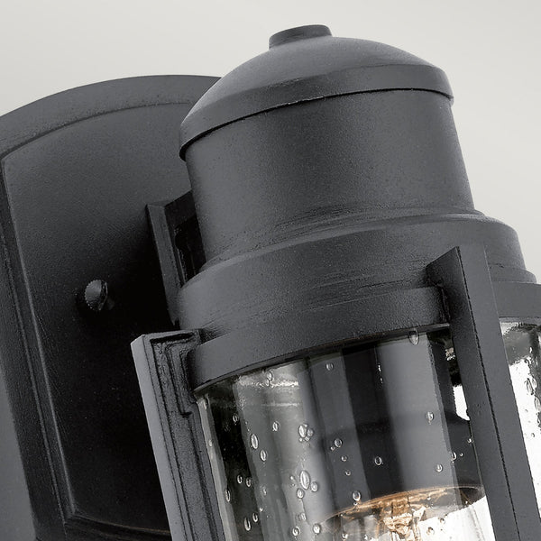 Suri IP44 Small Coastal Wall Light in Textured Black with Seeded Glass