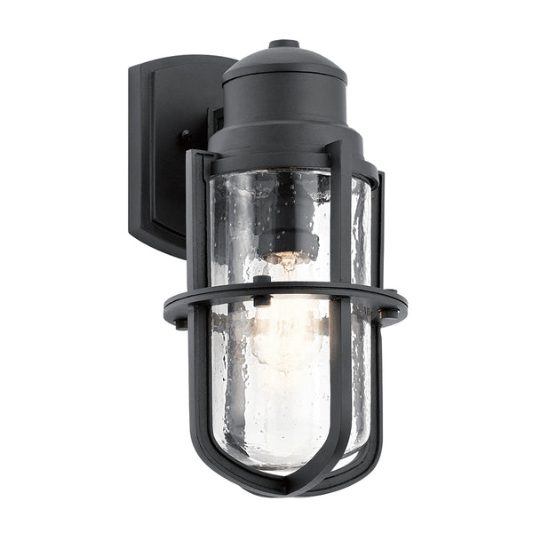 Suri IP44 Medium Coastal Wall Light in Textured Black with Seeded Glass