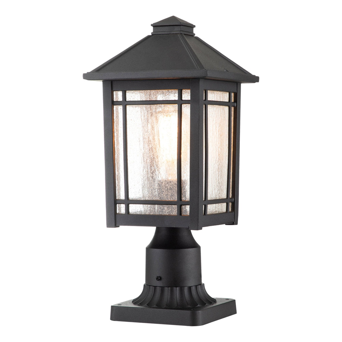 Cedar Point Medium IP44 Pedestal Lantern in Black with Seeded Glass