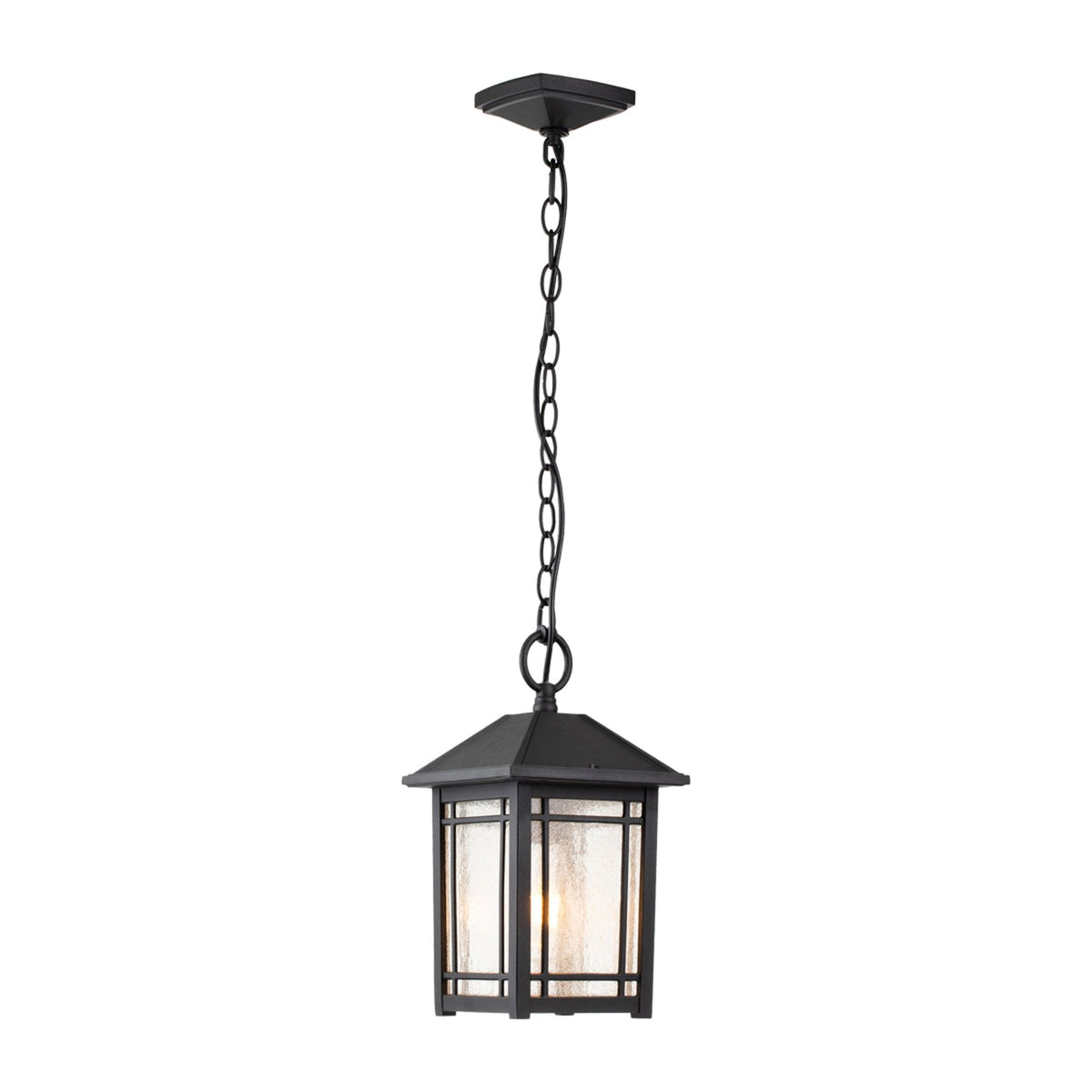 A black outdoor pendant light with clear seeded glass panels, hanging from a chain.