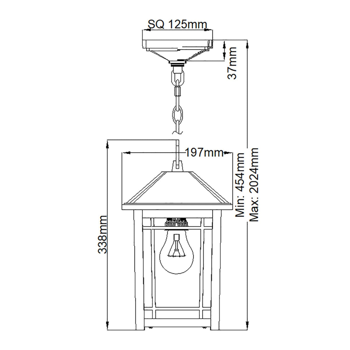 A technical diagram of the pendant light, detailing its dimensions in millimetres.