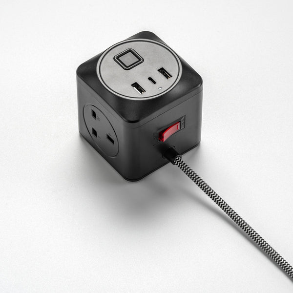 Decorative Triple Socket and USB 2m Extension Lead in Black