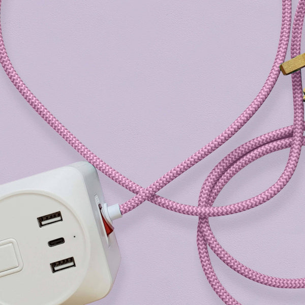 Decorative Triple Socket and USB 2m Extension Lead in White & Pink