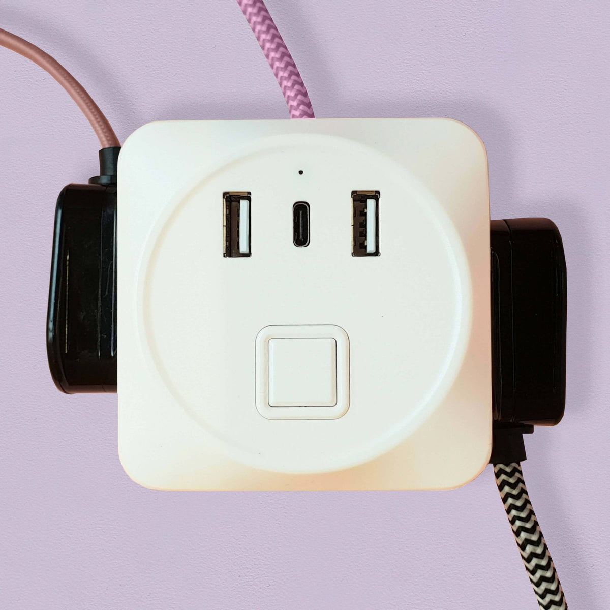 Decorative Triple Socket and USB 2m Extension Lead in White & Pink