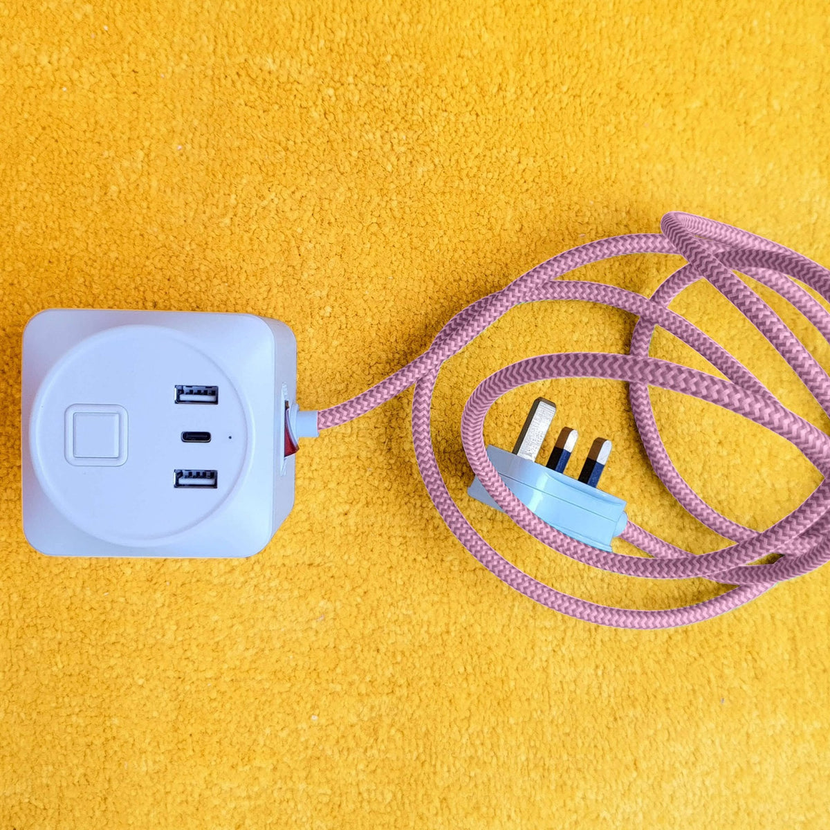 Decorative Triple Socket and USB 2m Extension Lead in White & Pink