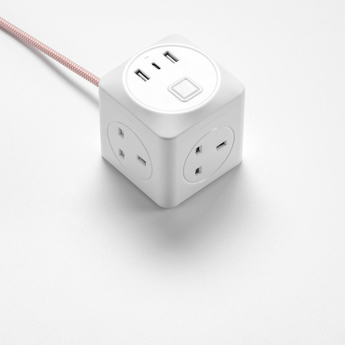 Decorative Triple Socket and USB 2m Extension Lead in White & Pink