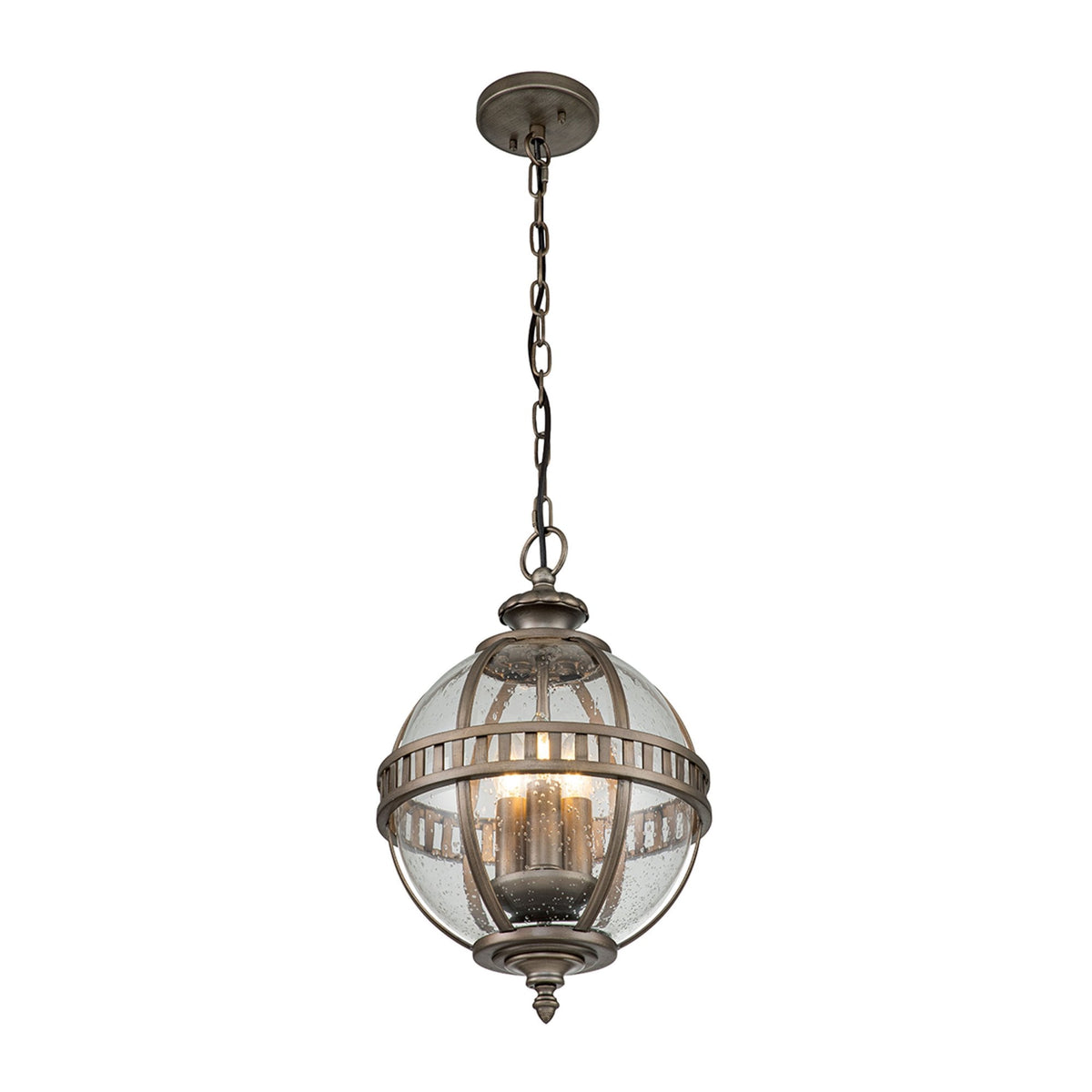 A detailed globe outdoor pendant light featuring a bronze finish and clear seeded glass.