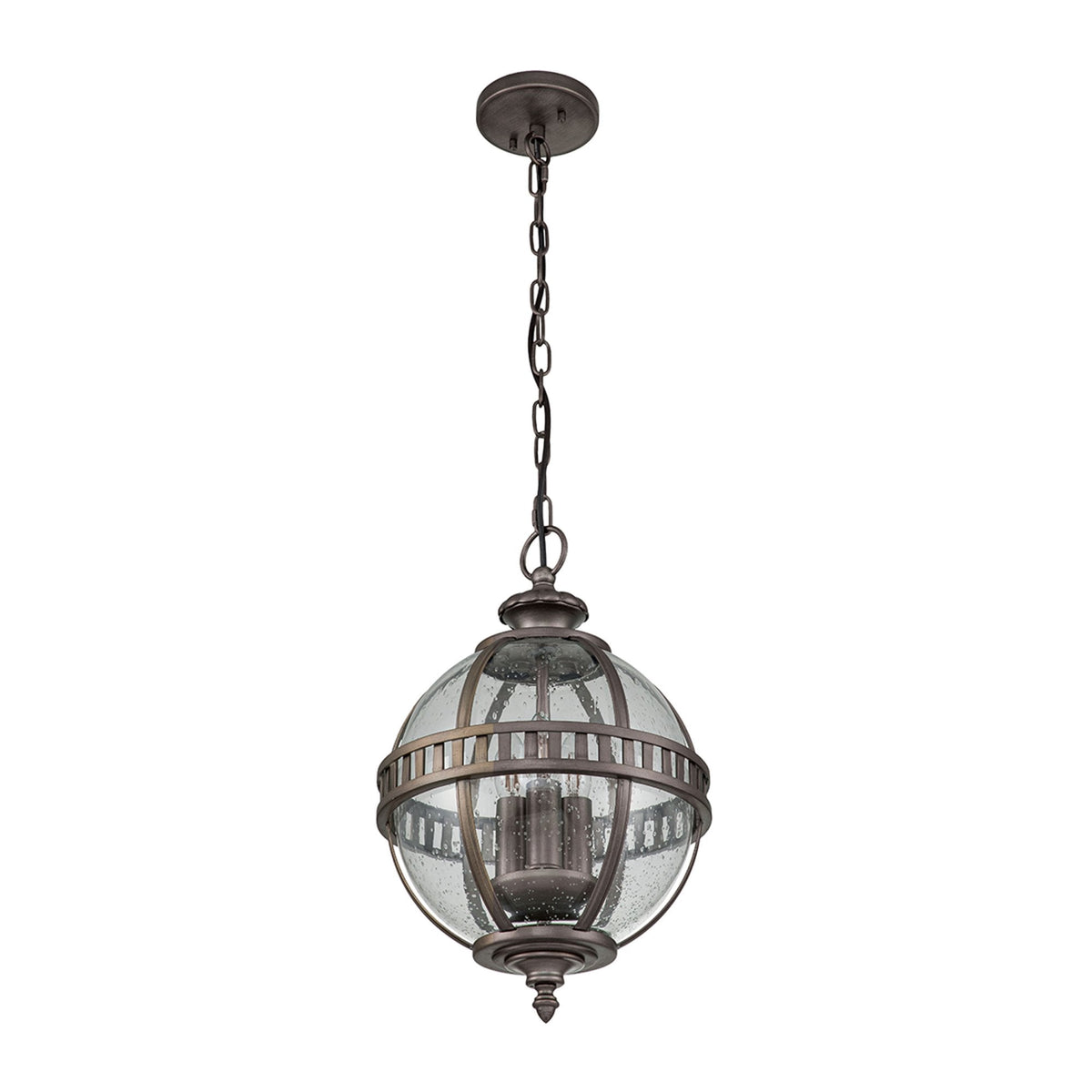 A detailed globe outdoor pendant light featuring a bronze finish and clear seeded glass.