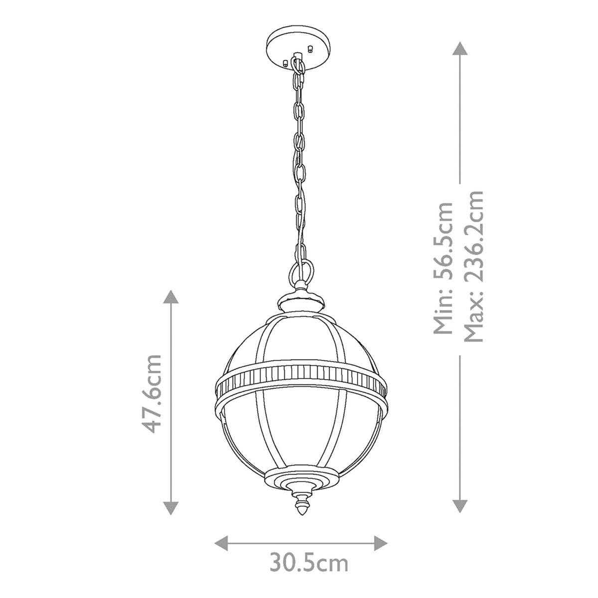 Line drawing of the outdoor pendant light with dimensions in centimetres.